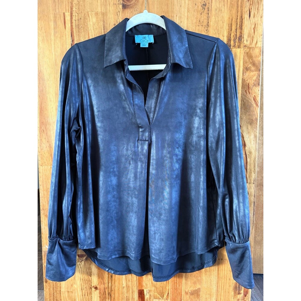 CeCe Faux Leather V-Neck Popover Blouse Sz. Small Black